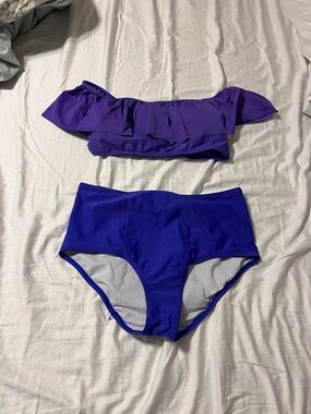 Off-Shoulder Ruffle High-Waist Bikini Set - Purple